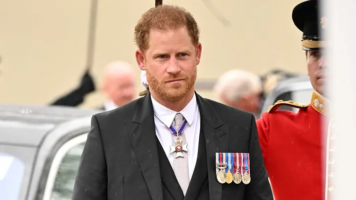 Prince Harry arrives for the coronation of King Charles at Westminster