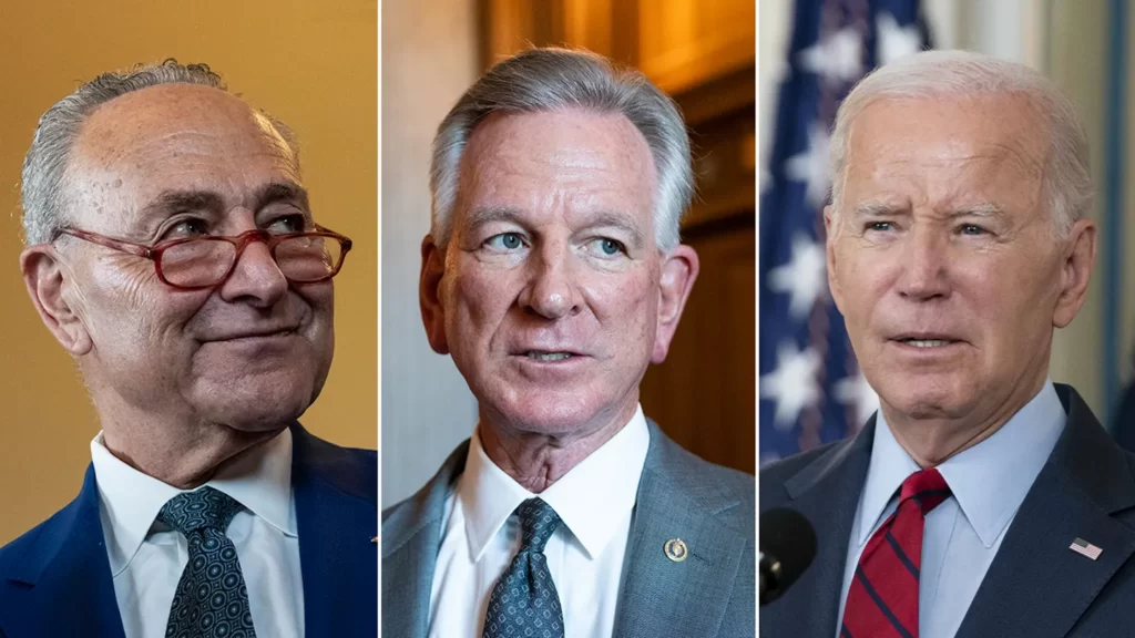 From left to right: Sen. Chuck Schumer, D-N.Y., Sen. Tommy Tuberville, R-Ala., and President Biden. (Getty Images)

