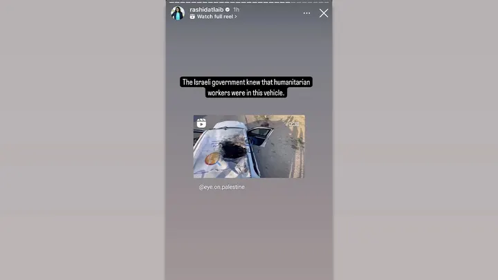 Tlaib shared this post that appeared to show a World Central Kitchen car destroyed by an airstrike.
