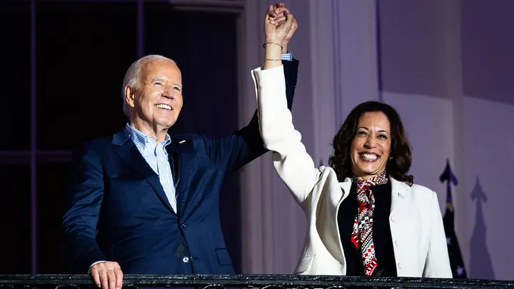 President Biden and Vice President Harris are shown on the Truman Balcony at the White House