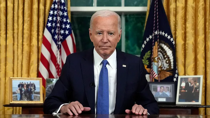 President Biden pauses as he concludes his address to the nation from the Oval Office